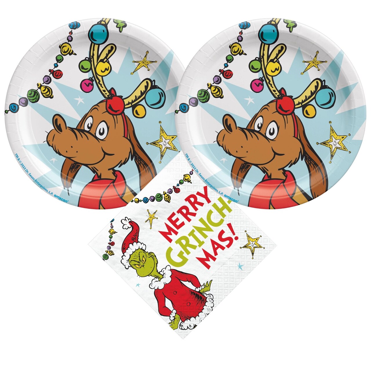 Dr. Seuss The Grinch Christmas Party Supplies Bundle with Appetizer Plates Featuring "Max" and The Grinch Napkins for 16 Guests - Serves 16 FREE SHIPPING
